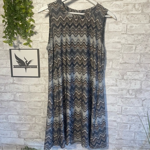 Ab STUDIO Jersey Knit Neutral Color Gray Blue Tan Pattern Print Dress Size Large - Picture 1 of 6
